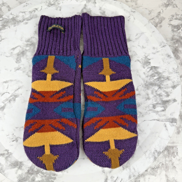 Pendleton Women Purple Southwest Aztec Merino Wool Mittens Fleece Lined One Size - Picture 1 of 5